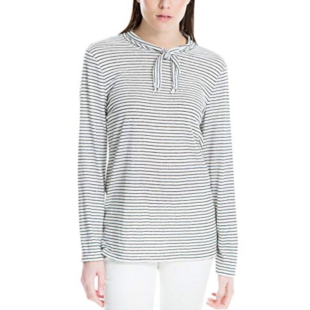 MAX STUDIO London SMALL Striped Linen Blend Tie Neck Long Sleeve Top Blk White